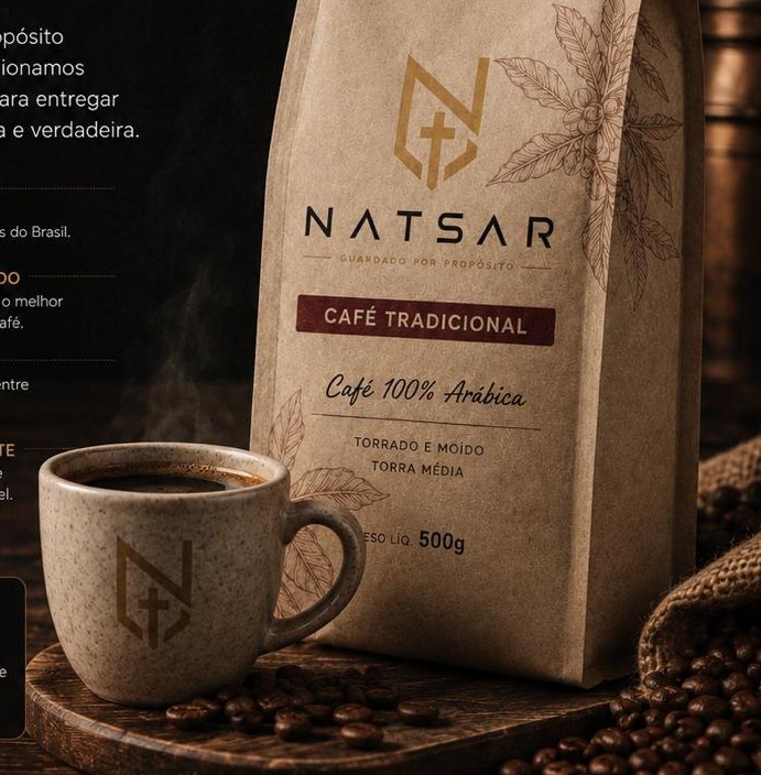 Xícara e pacote do Café NATSAR