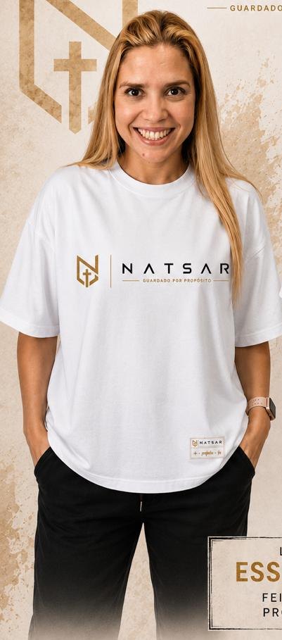 Modelo vestindo a camiseta NATSAR Escudo da Fé branca